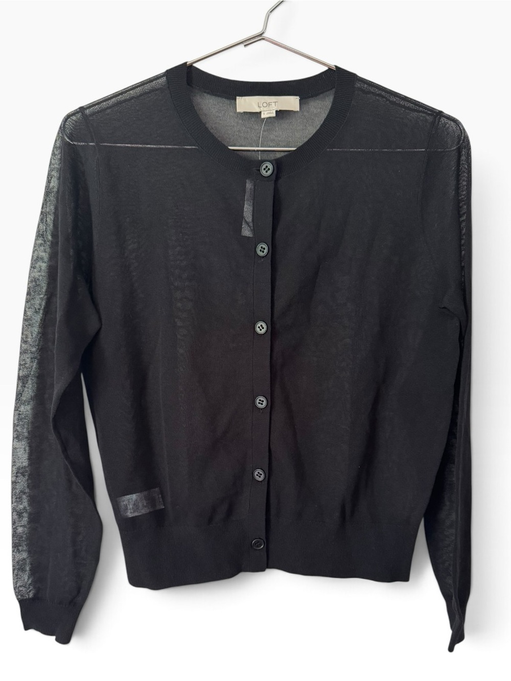 NWT LOFT Black Semi Sheer Button Up Crewneck Cardigan Sweater Size Small